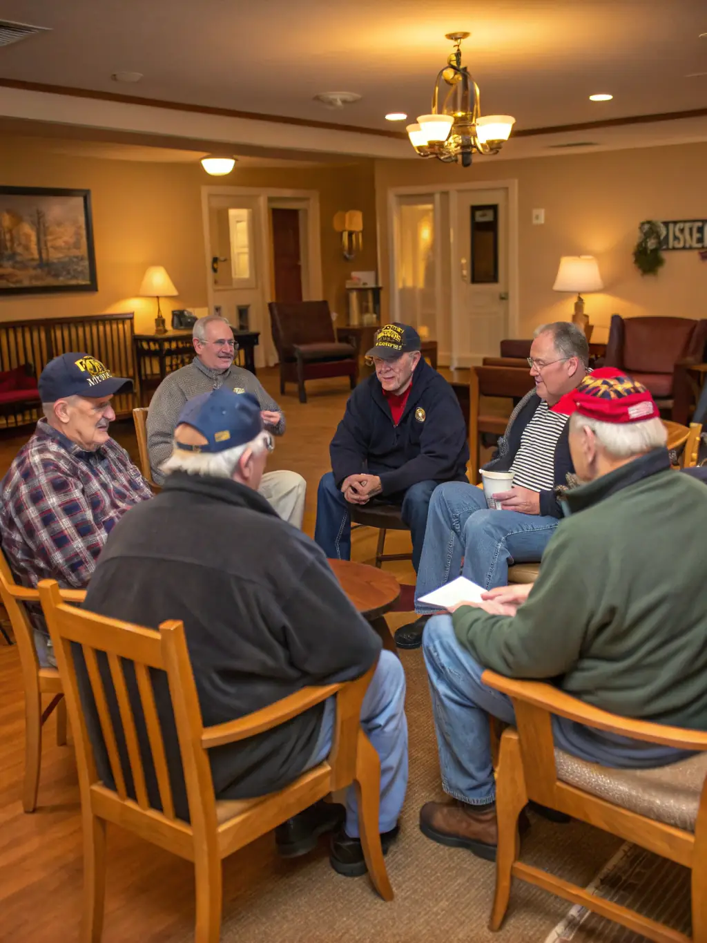 A diverse group of veterans participating in a peer support group, sharing experiences and offering encouragement to one another in a comfortable setting.