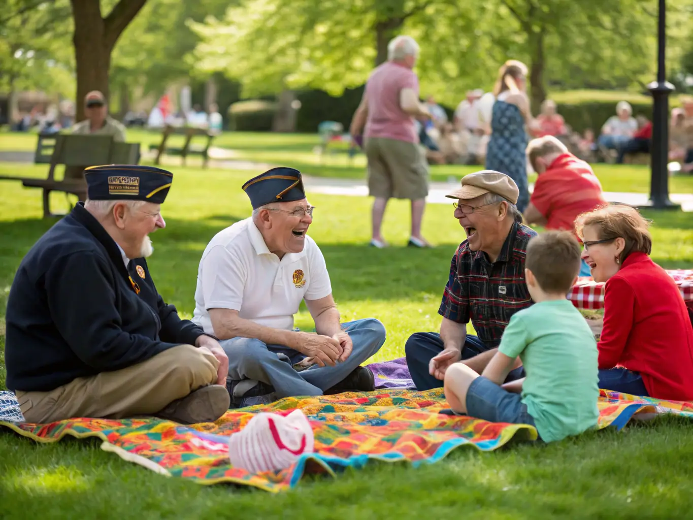 Veterans and their families enjoying a community picnic outdoors, engaging in activities and sharing stories. The atmosphere is joyful and relaxed, highlighting the camaraderie fostered by VETS THAT MATTER.