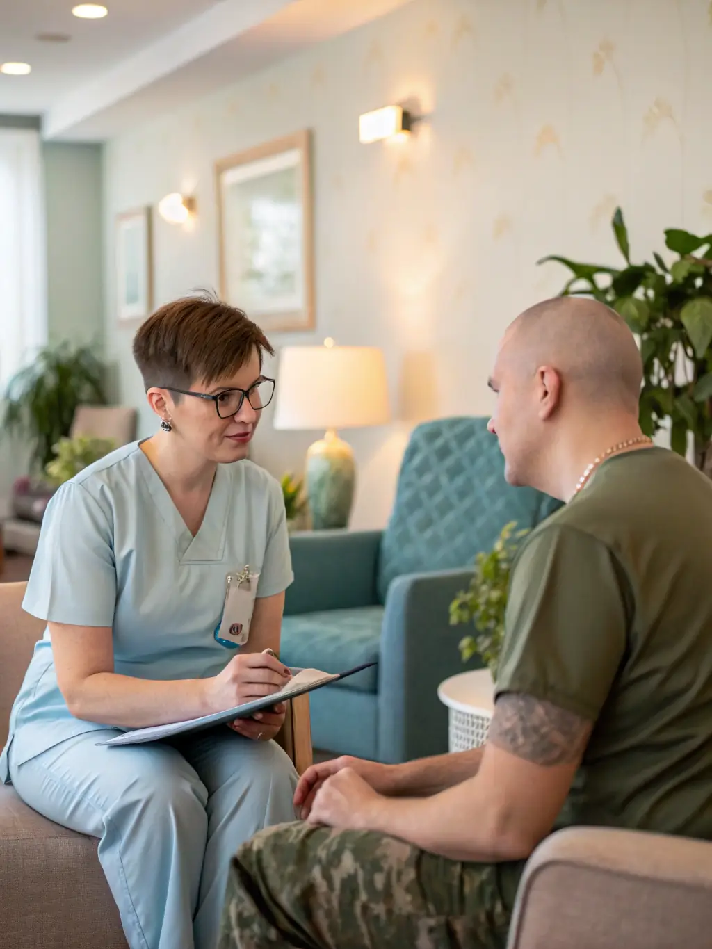 A photograph of a veteran receiving counseling, with a counselor listening attentively and providing support in a warm, inviting office setting.